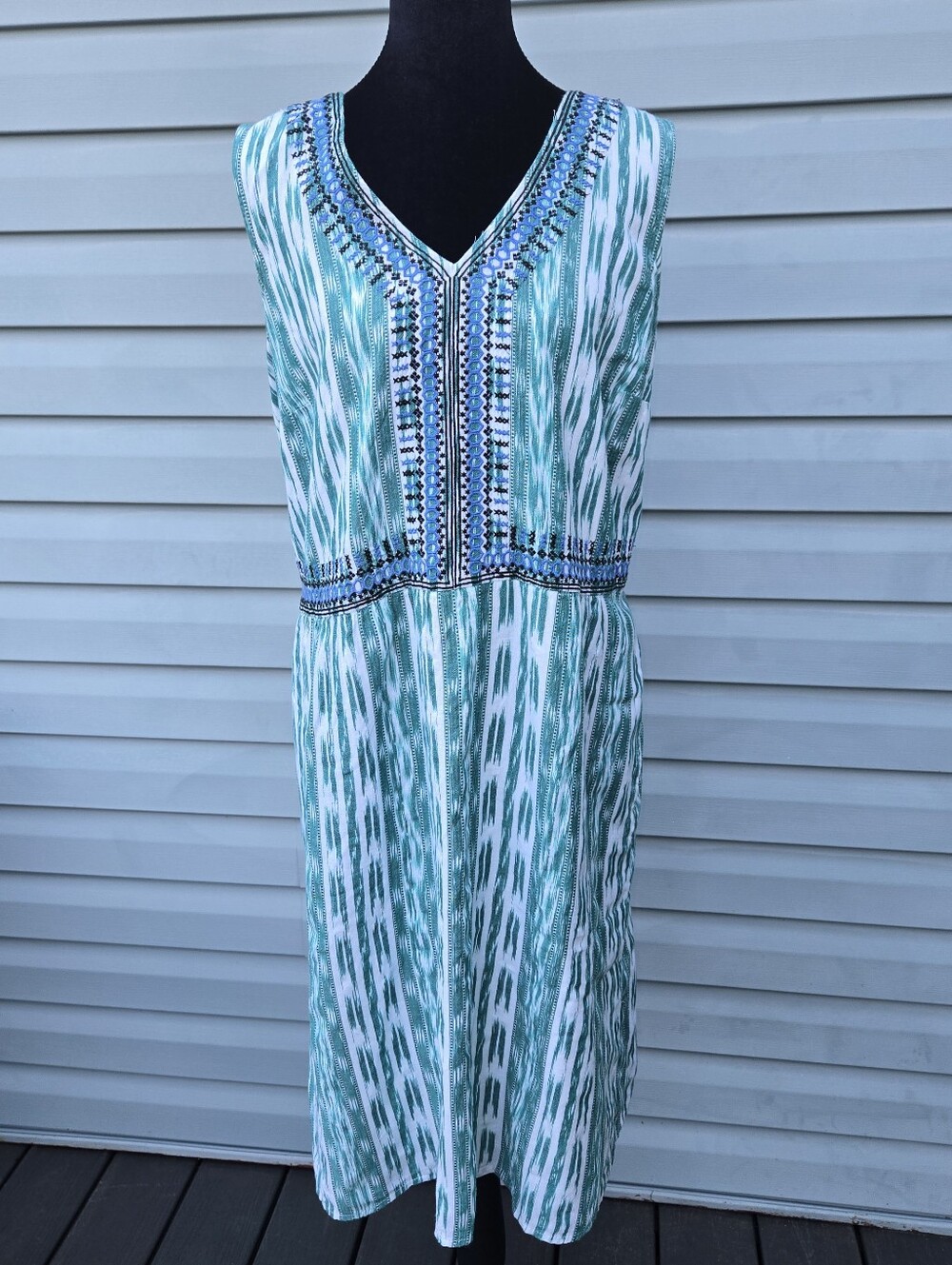 J. Jill Teal Green Ikat Embroidered Cotton Midi Dress Pockets Size LARGE Tall